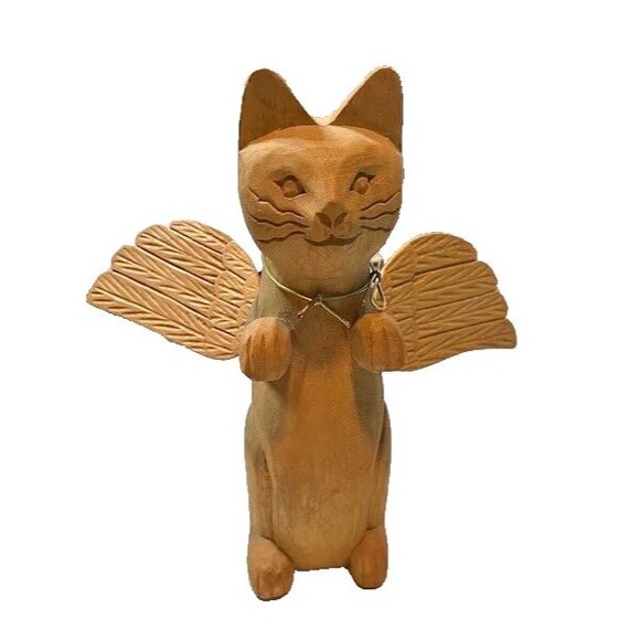 Folk Art Whimsical Rustic Light Wood Carved 12" Tall Standing Cat w/Angel Wings* - Picture 2 of 6